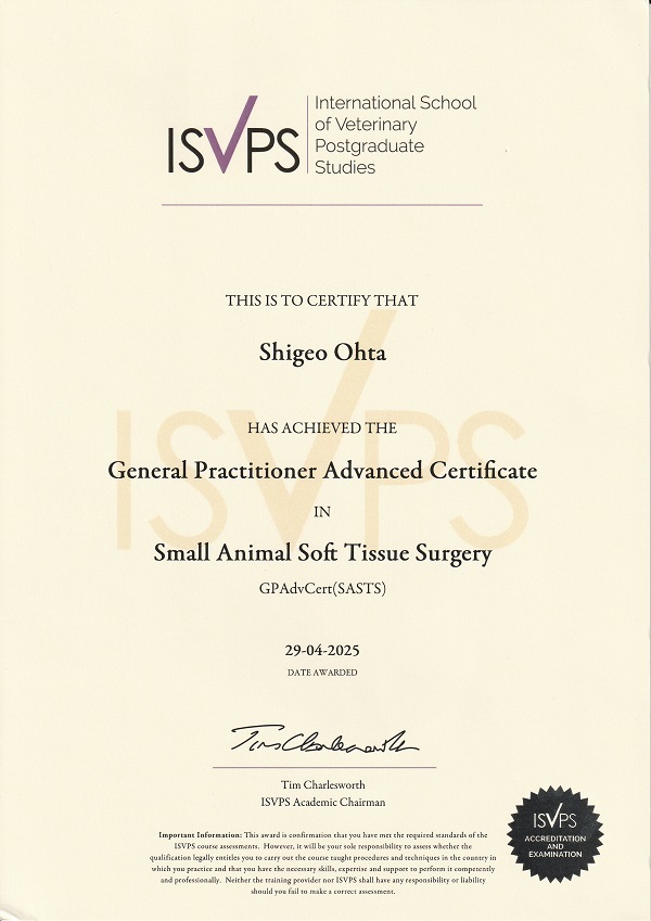 ISVPS小動物軟部外科上級総合臨床医認定証