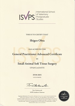 ISVPS小動物軟部組織外科上級総合臨床医認定証